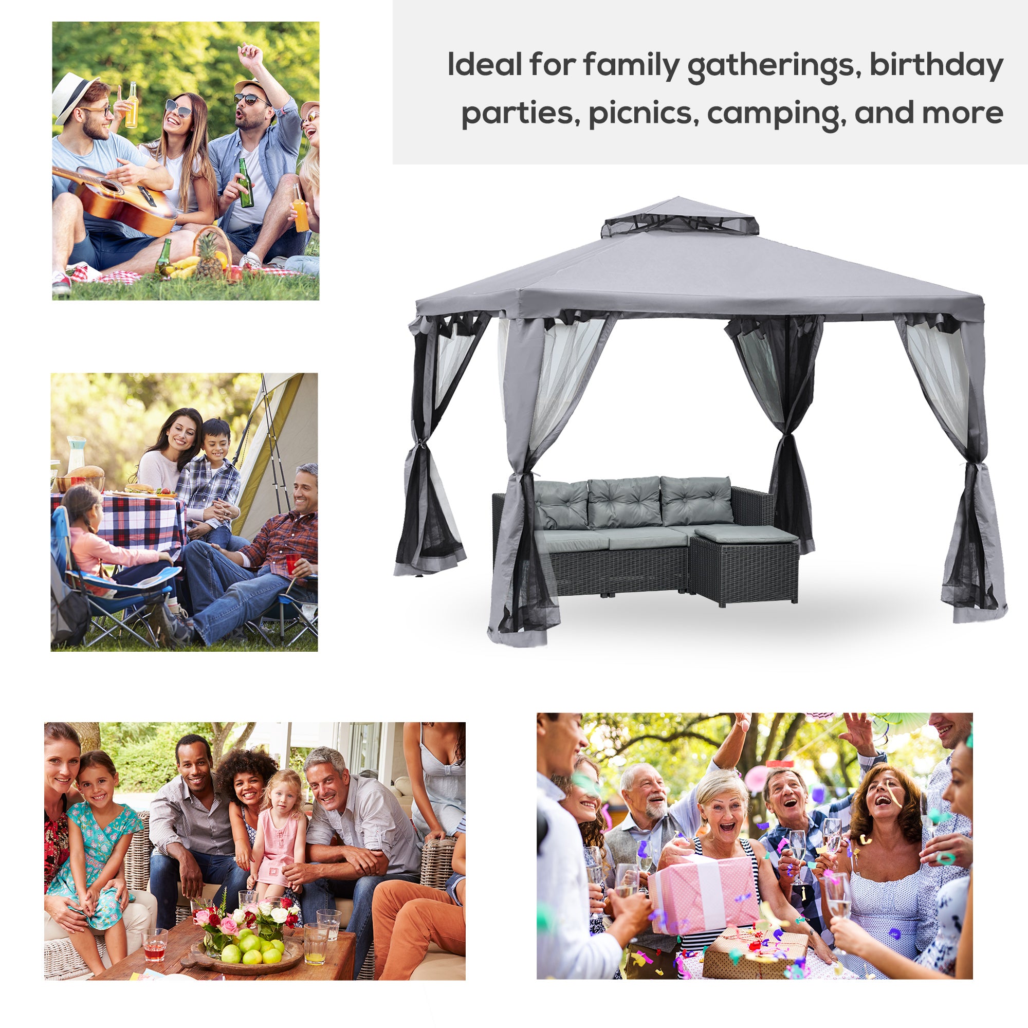 Outsunny 3 x 3 m Metal Gazebo, Garden Pavillion, Double√Ç Roof Outdoor Canopy Shelter with Mesh Sidewalls, Grey