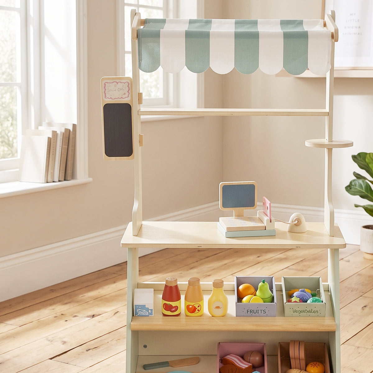 AIYAPLAY Wooden Toy Shop, Wooden Market Stall with Cash Register, Blackboard and Toy Food, 4 Storage Boxes, Ages 3+, Green