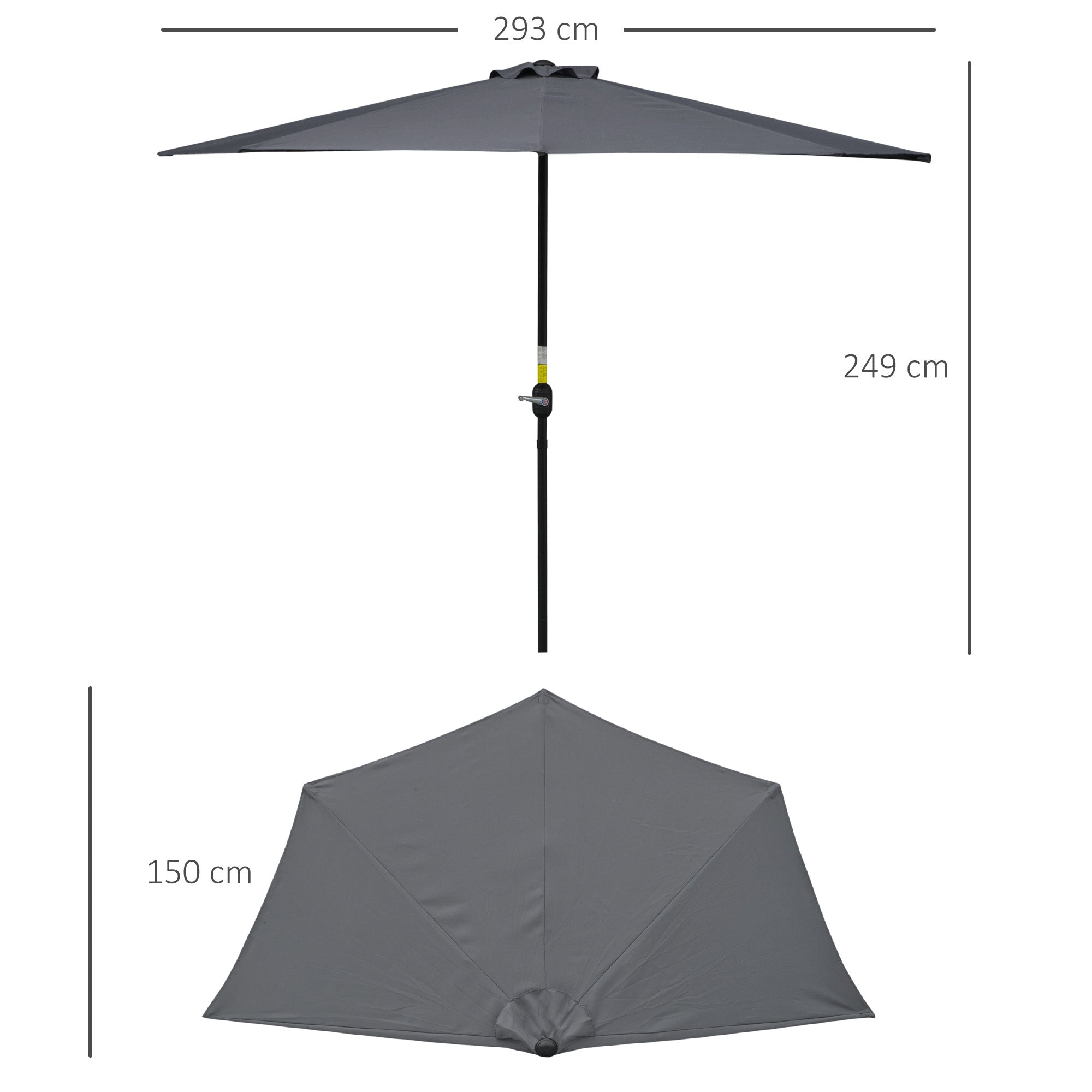 Outsunny 3(m) Half Parasol Semi Round Umbrella Patio Metal Frame Crank Handle for Balcony-- NO BASE INCLUDED, Grey