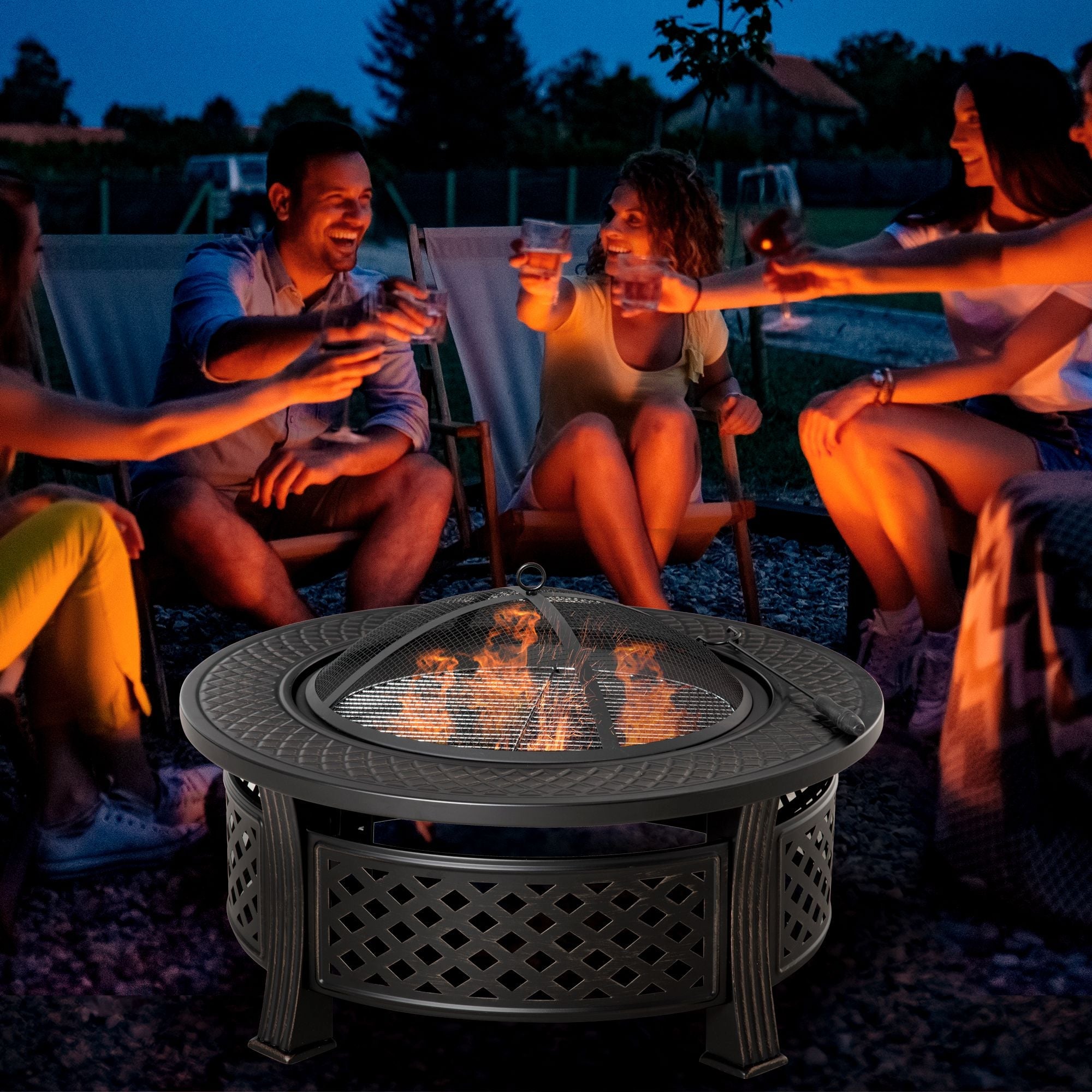 Outsunny Outdoor Fire Pit, Firepit with Grill Net, Mesh Lid, Poker, for Camping, Bonfire, Picnic, Bronze Tone