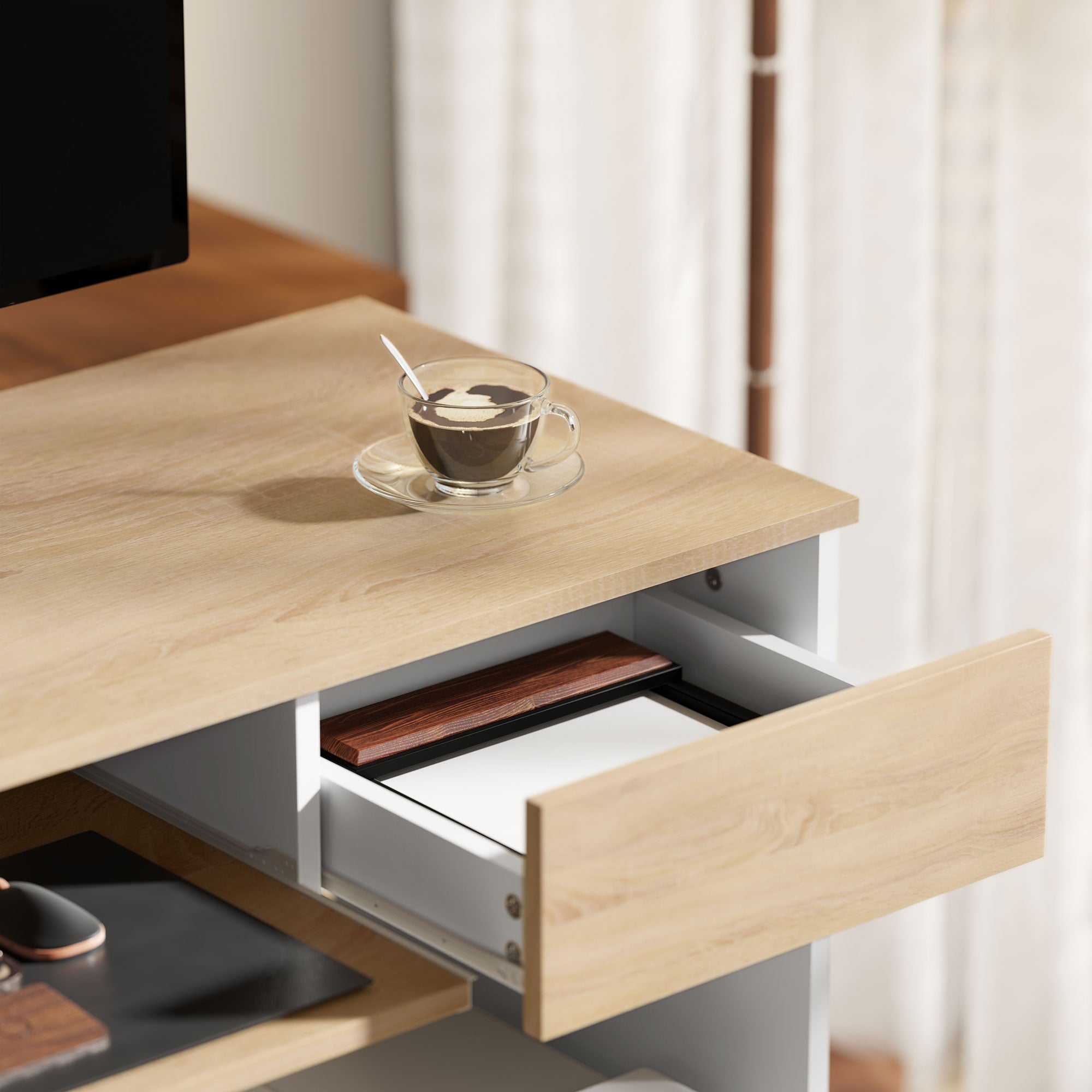 HOMCOM 100cm Compact Computer Desk with Keyboard Tray, Home Office Desk with Drawer for Bedroom Study, Oak