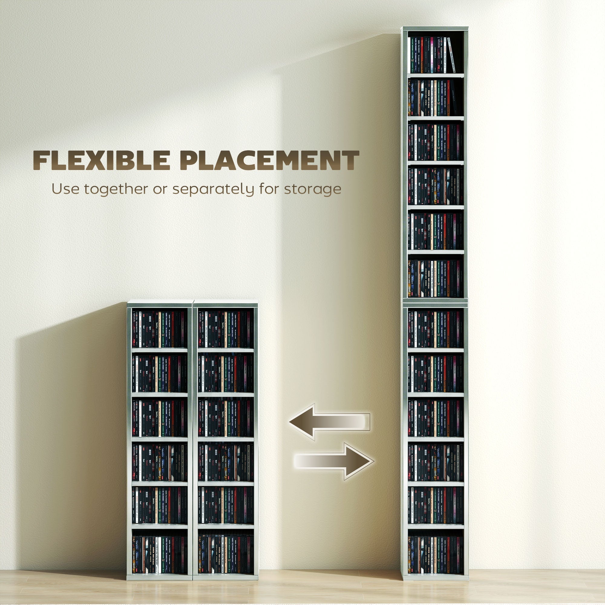 HOMCOM Set of 2 CD Media Display Shelf Unit Tower Rack with Adjustable Shelves, High Gloss Grey