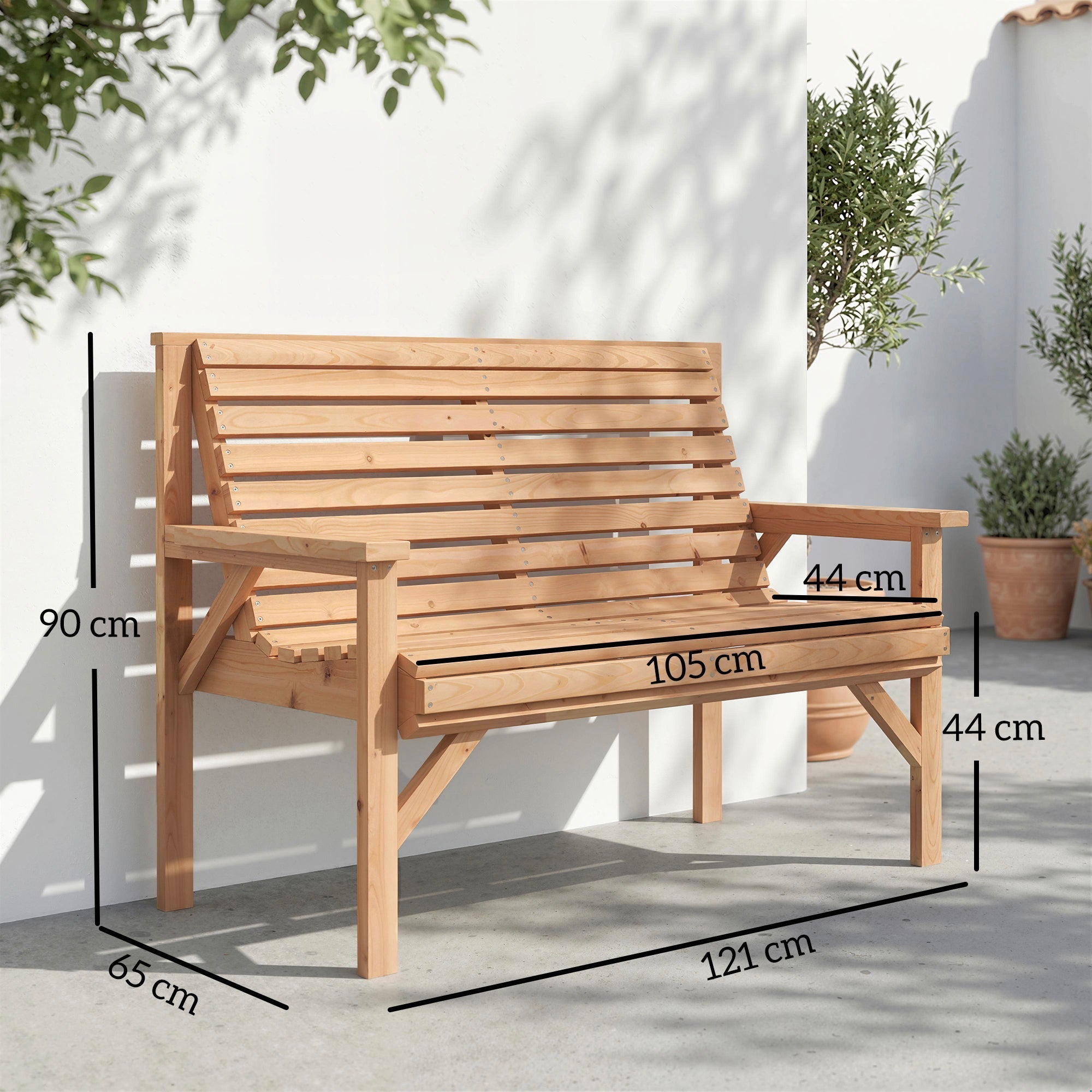 Outsunny 2 Seater Wooden Garden Bench, Slatted Patio Bench with Armrest and Backrest, Outdoor Furniture for Indoor, Balcony
