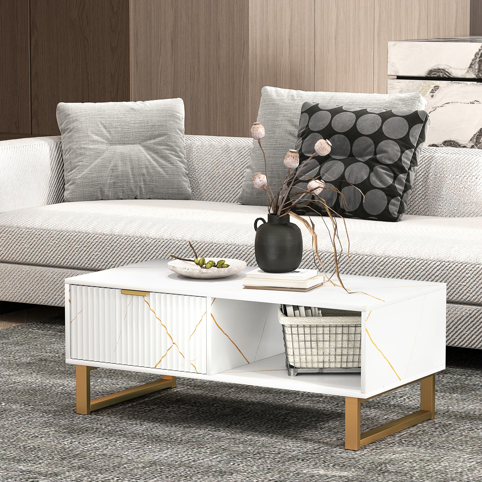 HOMCOM Elegant Marble Effect Storage Coffee Table - White