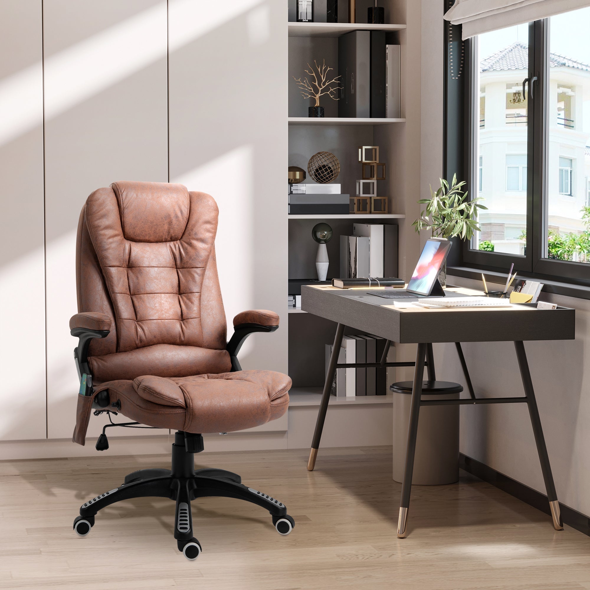 Vinsetto Massage Recliner Chair Heated Office Chair with Six Massage Points Microfiber Cloth 360 Swivel Wheels Brown