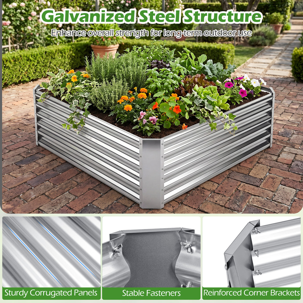 Galvanized Raised Garden Bed Rectangular Outdoor Planter Box with Open-Ended Bade-Silver