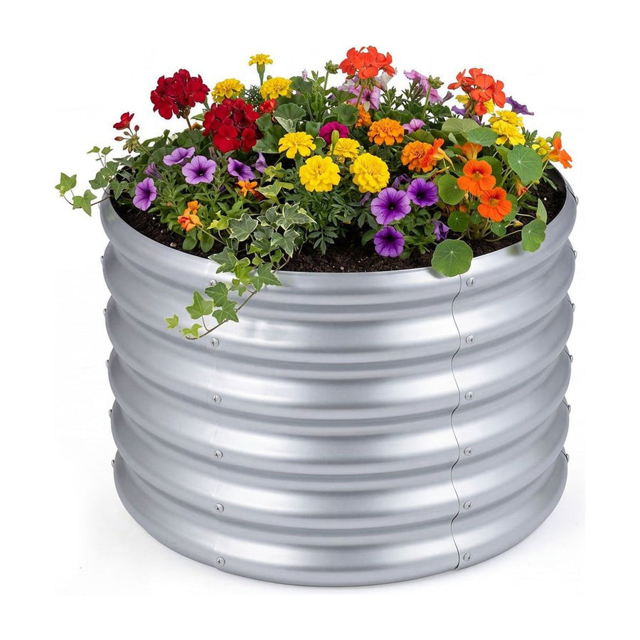 Galvanized Raised Garden Bed Round Outdoor Planter Box with Open-Ended Base-Silver