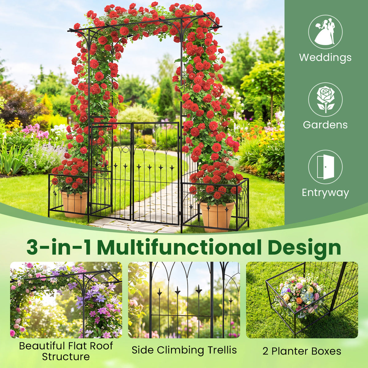 Garden Arbor with Gate and Planter Boxes 206cm Heavy Duty Metal Arch