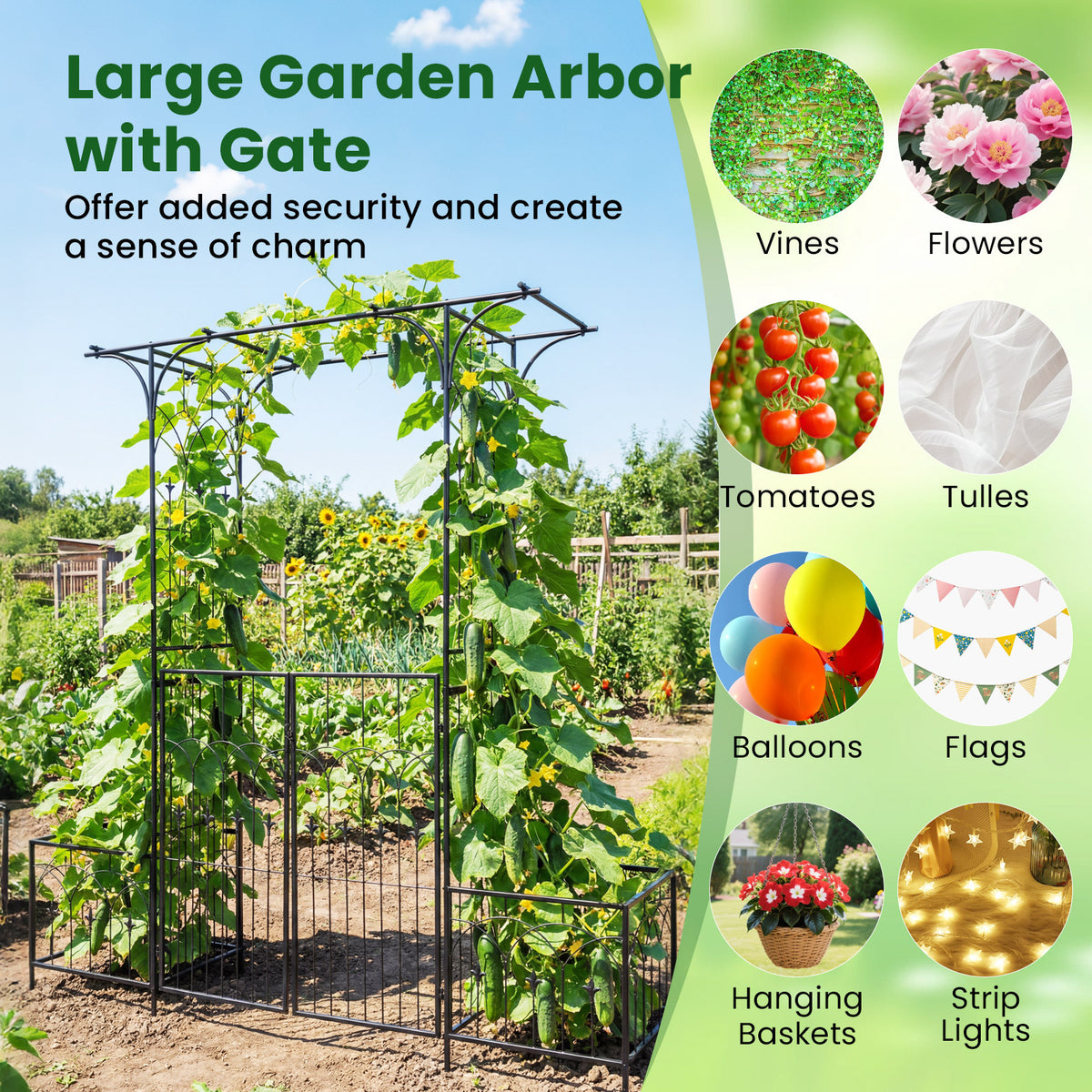 Garden Arbor with Gate and Planter Boxes 206cm Heavy Duty Metal Arch