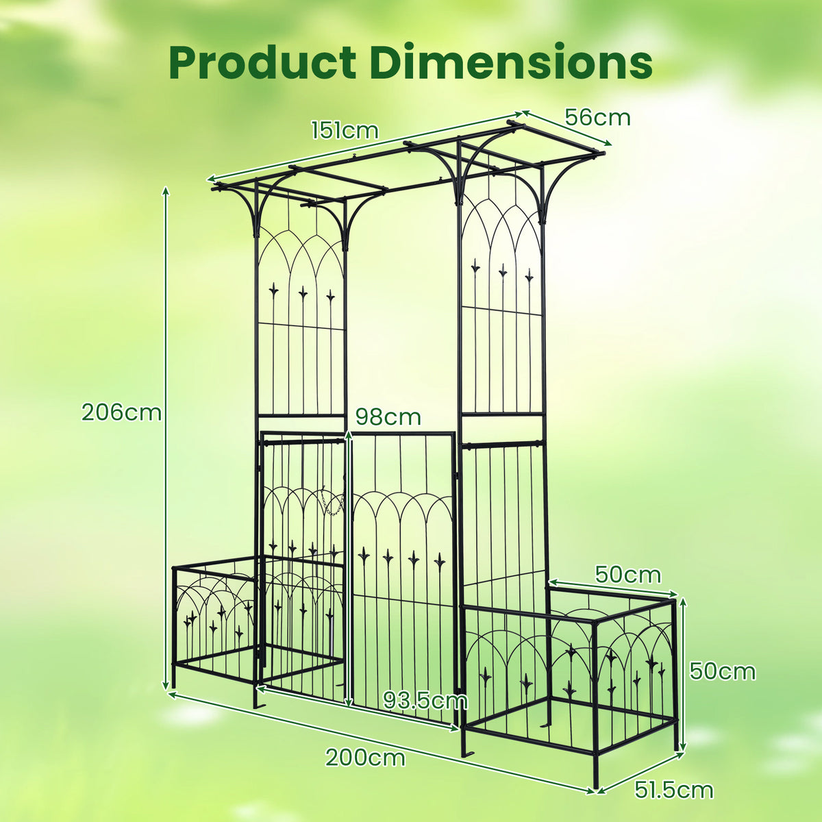 Garden Arbor with Gate and Planter Boxes 206cm Heavy Duty Metal Arch