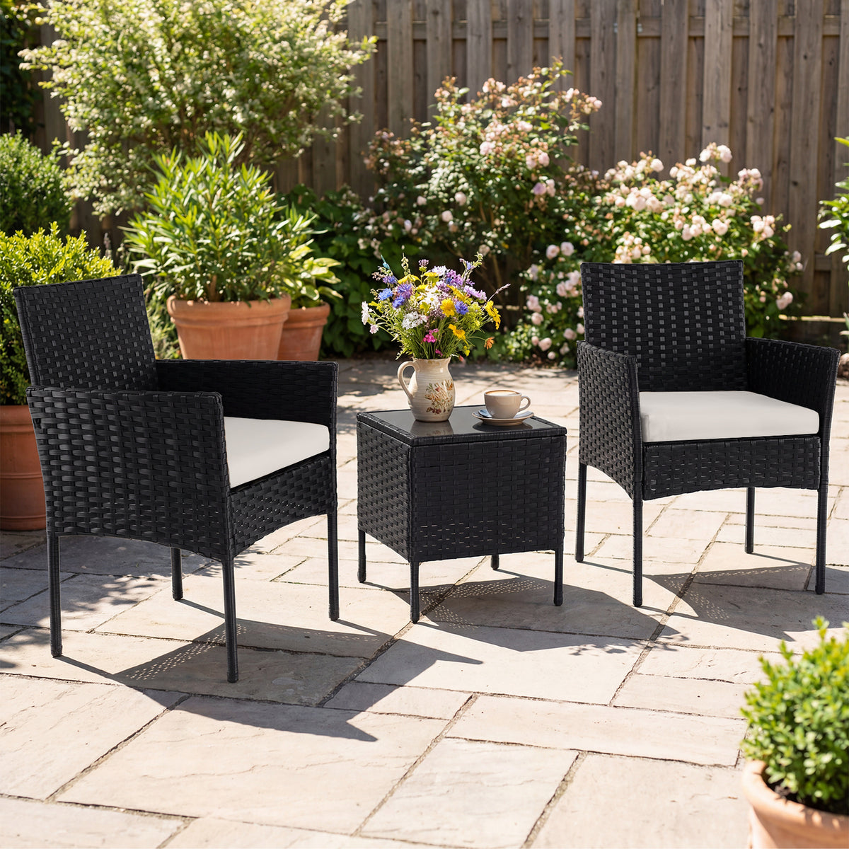 Garden Furniture Set 3-piece Rattan Balcony Furniture Set with 2 Cushioned Chairs-Beige