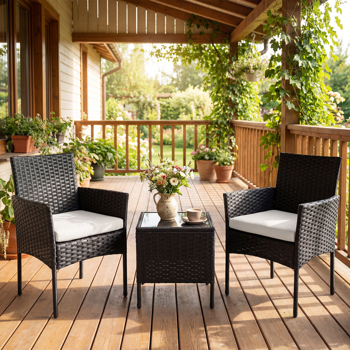 Garden Furniture Set 3-piece Rattan Balcony Furniture Set with 2 Cushioned Chairs-Beige