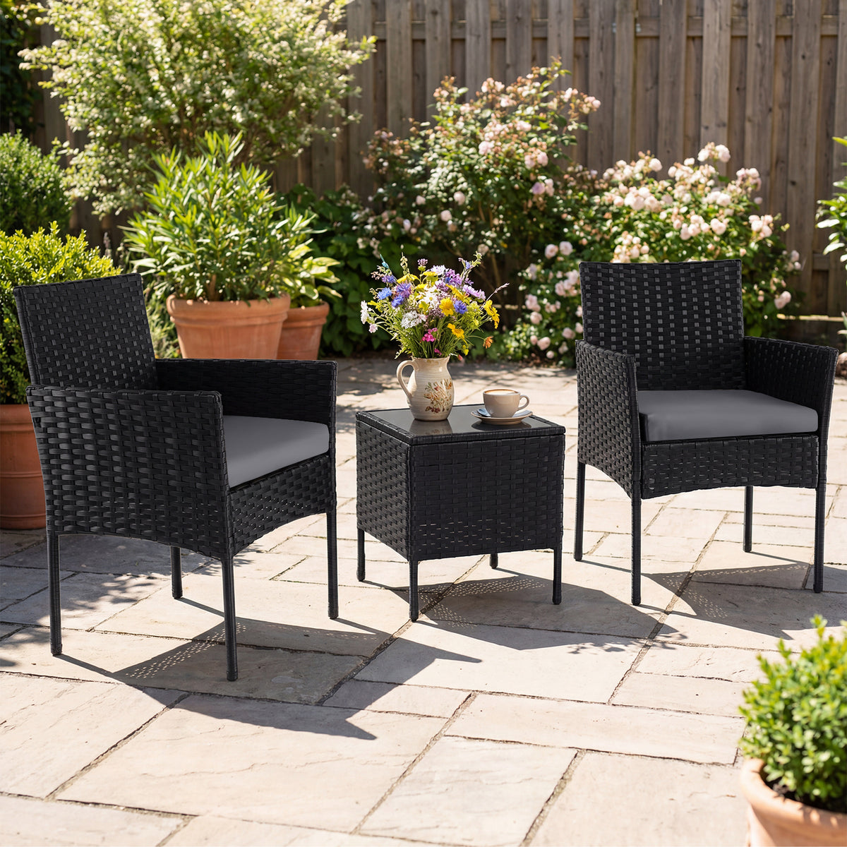 Garden Furniture Set 3-piece Rattan Balcony Furniture Set with 2 Cushioned Chairs-Grey