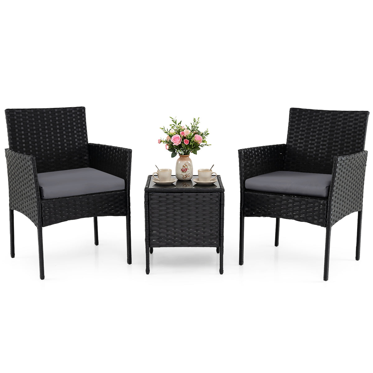 Garden Furniture Set 3-piece Rattan Balcony Furniture Set with 2 Cushioned Chairs-Grey