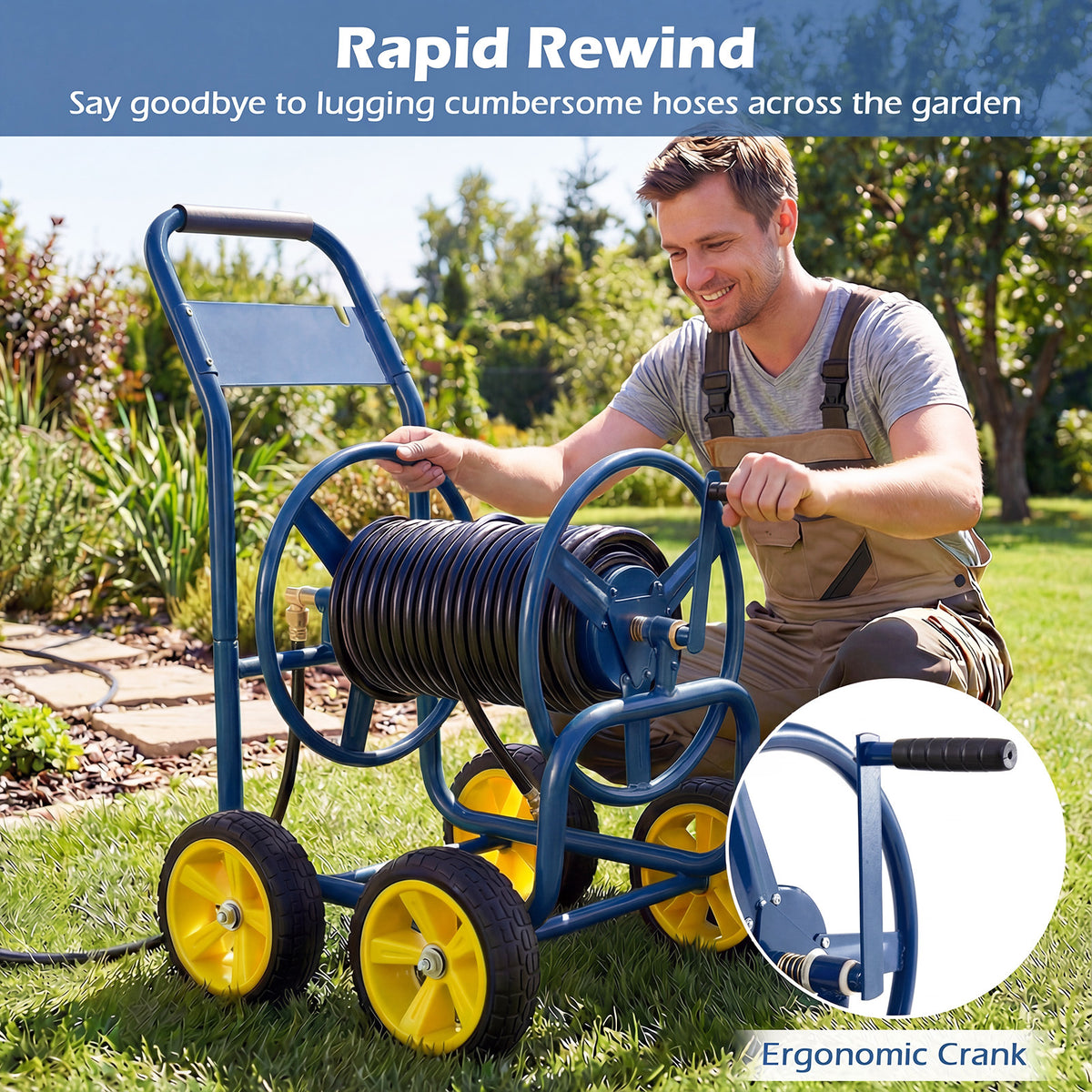 Garden Hose Reel Cart 4 Wheels 100 m of 16 mm Large Capacity-Navy