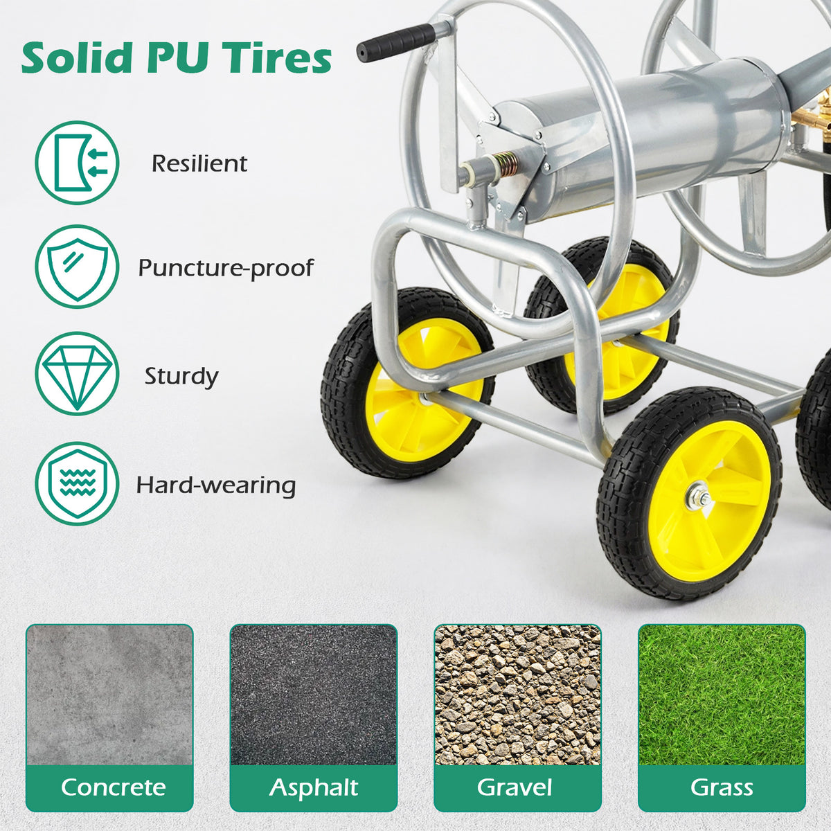 Garden Hose Reel Cart 4 Wheels 100 m of 16 mm Large Capacity-Silver