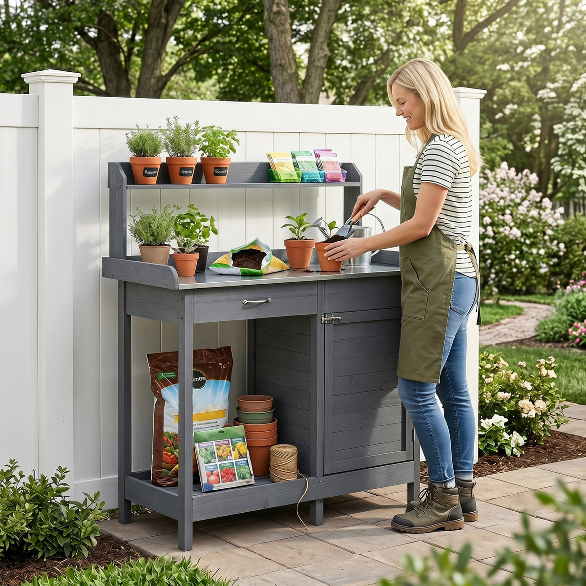 Garden Potting Bench with Stainless Steel Top and Lockable Cabinet for Yard-Grey
