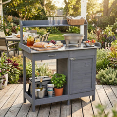 Garden Potting Bench with Stainless Steel Top and Lockable Cabinet for Yard-Grey