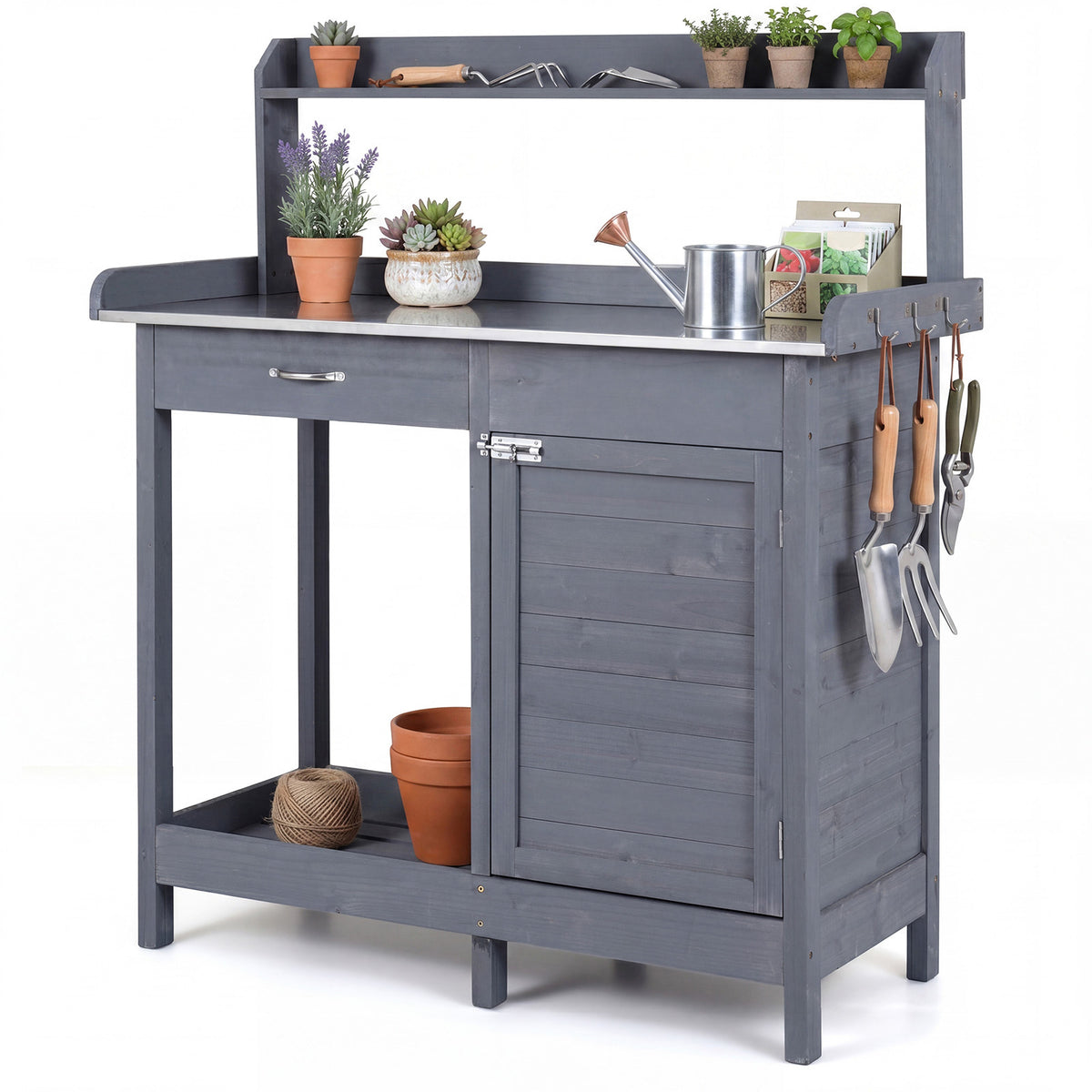 Garden Potting Bench with Stainless Steel Top and Lockable Cabinet for Yard-Grey