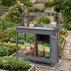 Garden Potting Bench with Stainless Steel Top and Lockable Cabinet for Yard-Grey