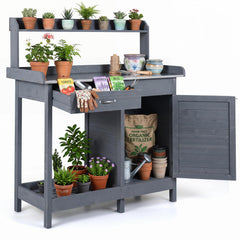 Garden Potting Bench with Stainless Steel Top and Lockable Cabinet for Yard-Grey