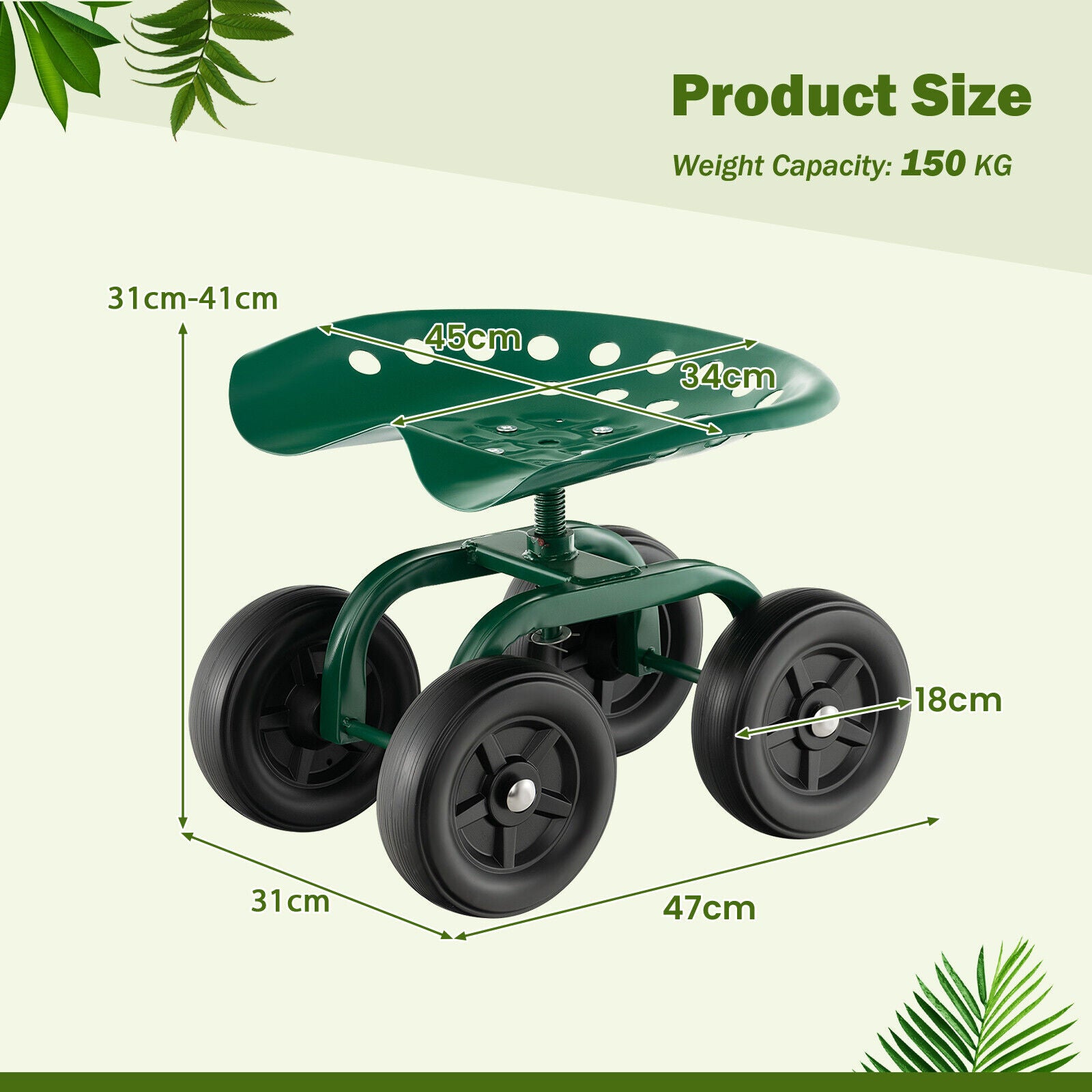 Rolling Garden Workseat with 360¬∞Swivel Seat and Adjustable Height-Green