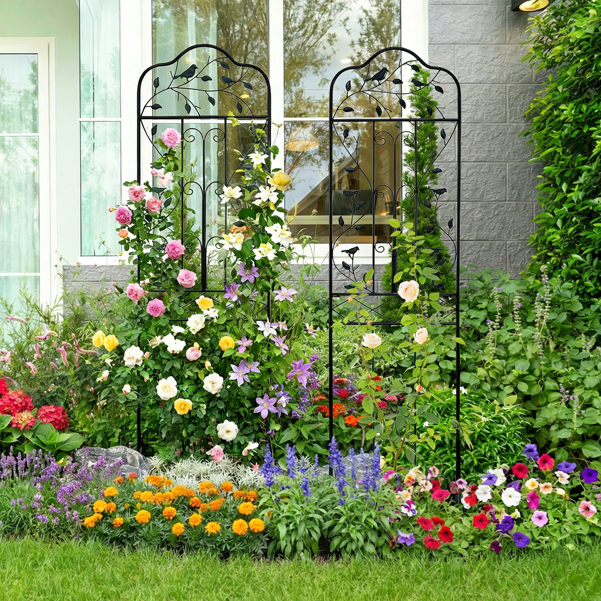 Garden Trellis with Foldable Shelf and Anti-Tipping Device-Black-1 Pack