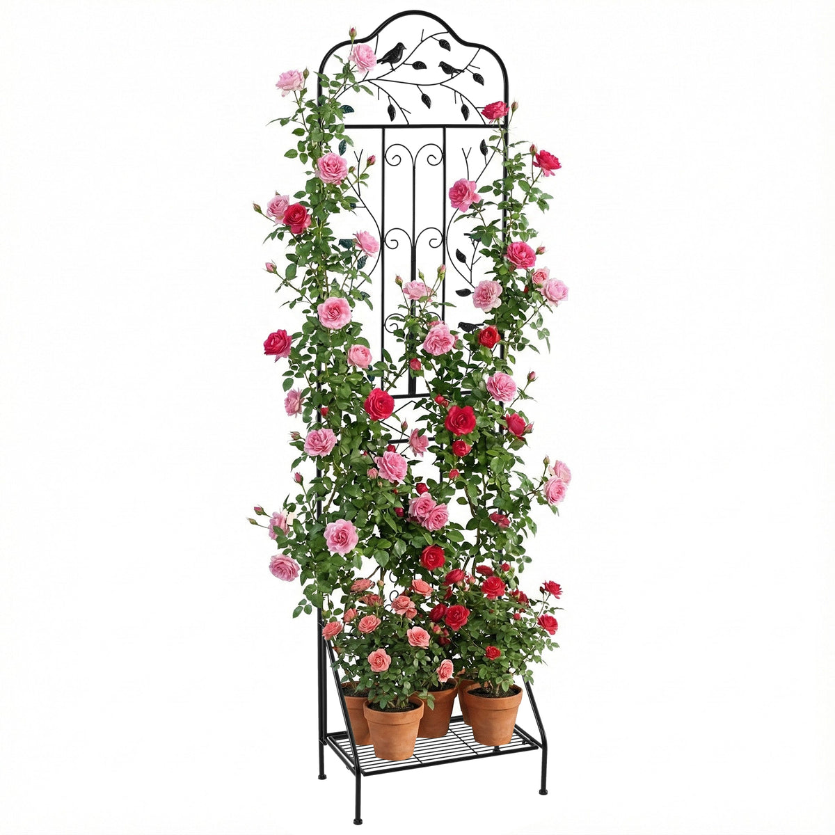 Garden Trellis with Foldable Shelf and Anti-Tipping Device-Black-1 Pack