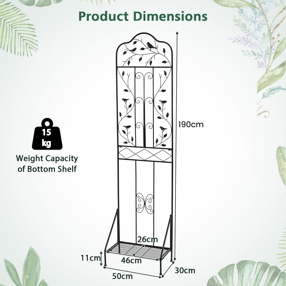 Garden Trellis with Foldable Shelf and Anti-Tipping Device-Black-1 Pack