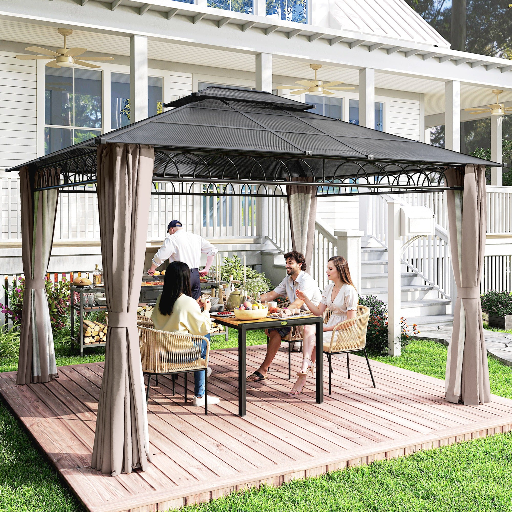 Outsunny 3.6 x 3 (m) Outdoor Polycarbonate Gazebo, Double√Ç Roof Hard Top Gazebo with Nettings√Ç &√Ç Curtains for Garden, Lawn, Patio
