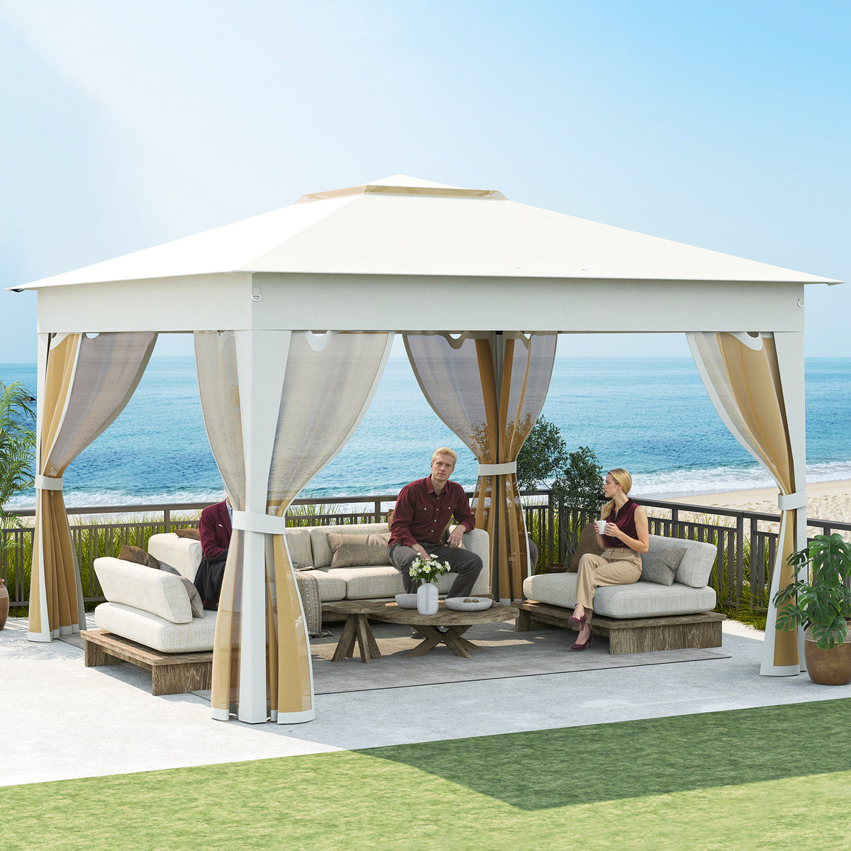 338 x 338 CM Pop Up Gazebo with Mesh Netting and Double Roof-Beige