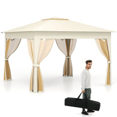 338 x 338 CM Pop Up Gazebo with Mesh Netting and Double Roof-Beige
