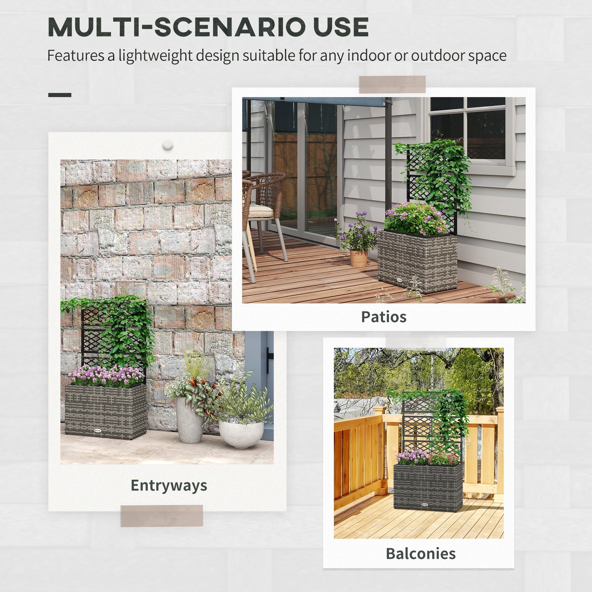 Outsunny 22 L Rattan Planter with Trellis, Freestanding Raised Beds for Garden with Two Plant Boxes, Outdoor Planter for Climbing Plants, Flowers, 57 x 30 x 107 cm, Mixed Grey