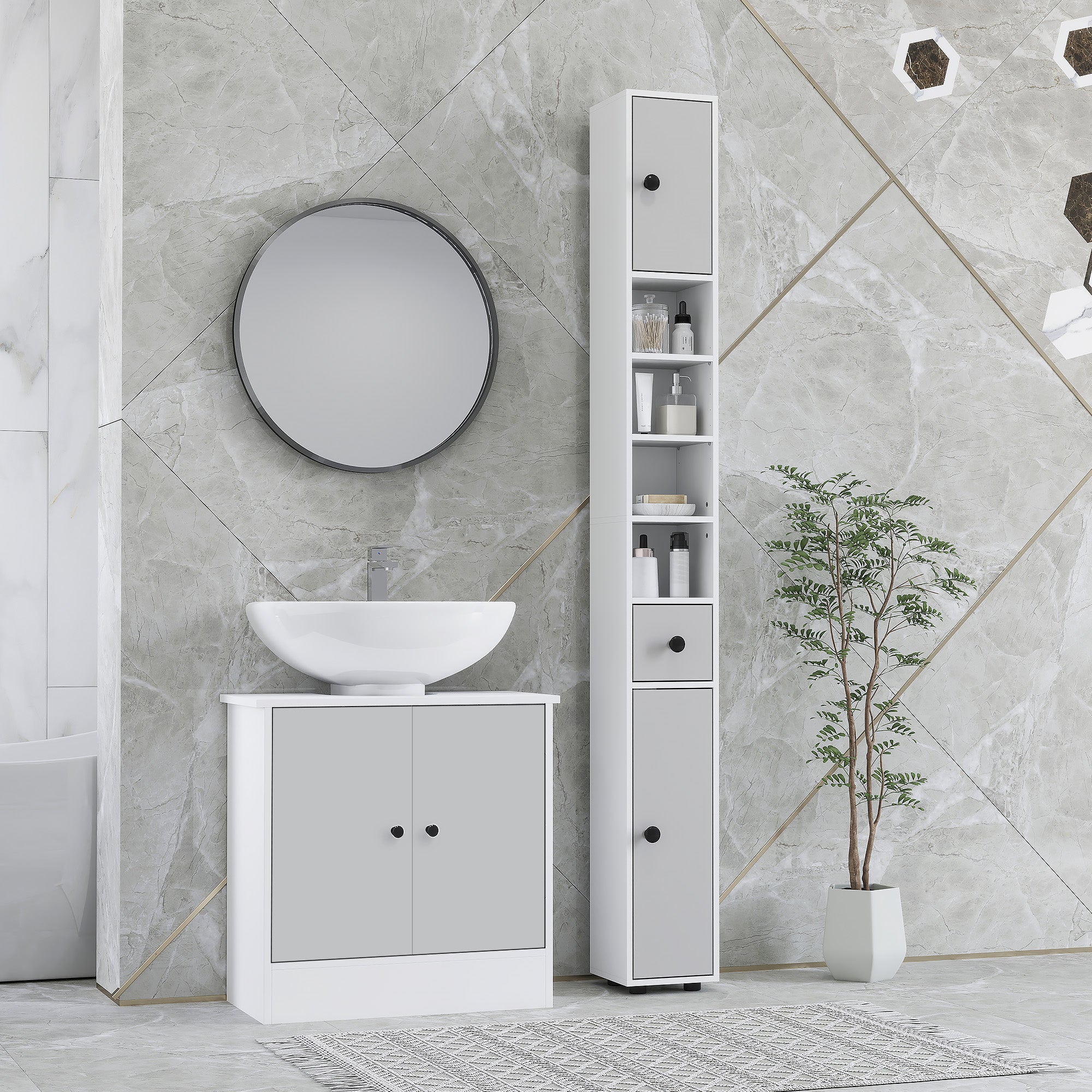 kleankin 180cm Slim Bathroom Cabinet, with Drawer, Shelves and Cupboards - Light Grey