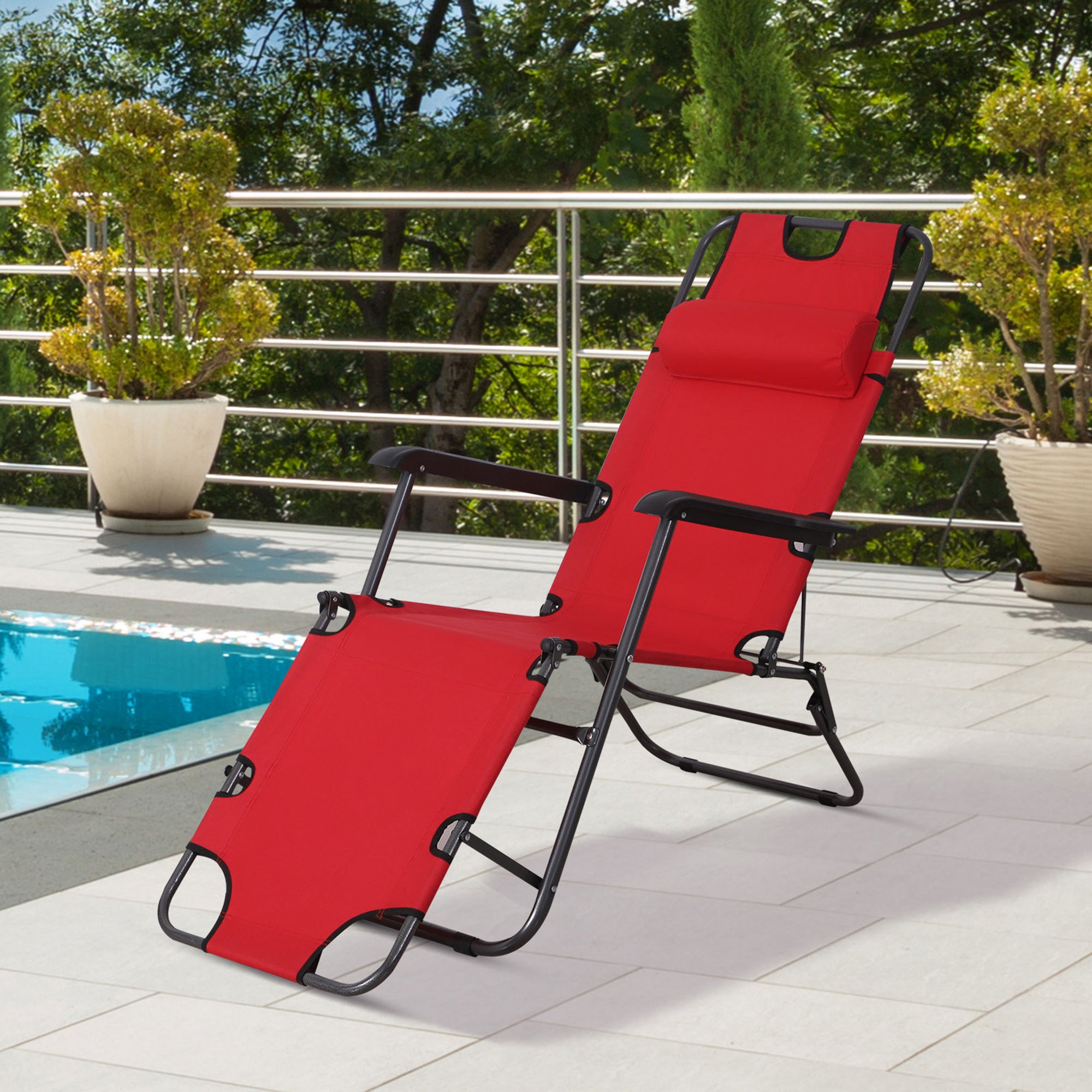 Outsunny 2 in 1 Folding Sun Lounger Reclining Garden Chair with 2-Level Adjustable Backrest, Outdoor Zero Gravity Recliner Garden Chair with Head Pillow and Armrests, Red
