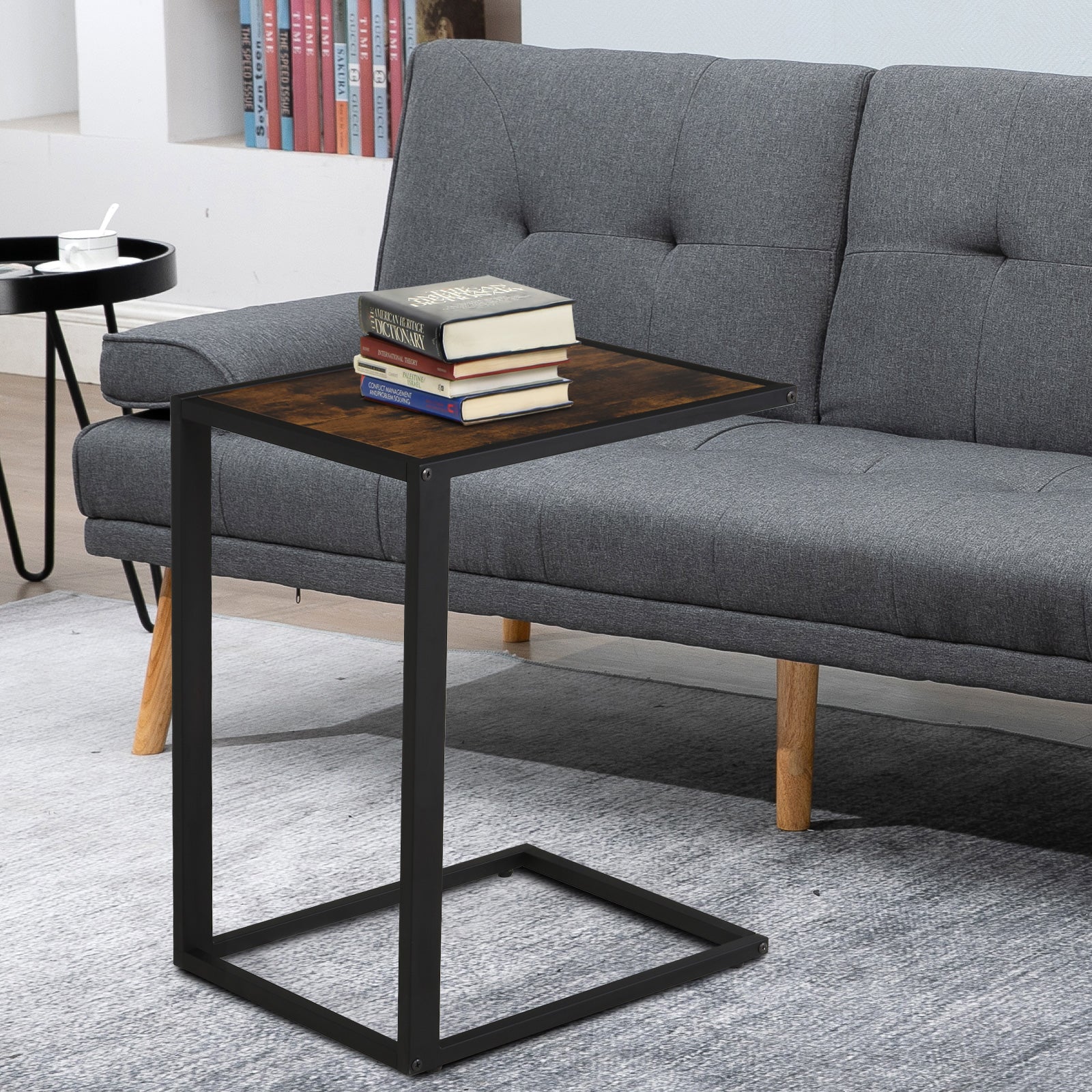 HOMCOM C-Shaped Side Table, Bedside Table with Metal Frame, Accent Sofa Couch Table for Living room, Bedroom, Brown and Black