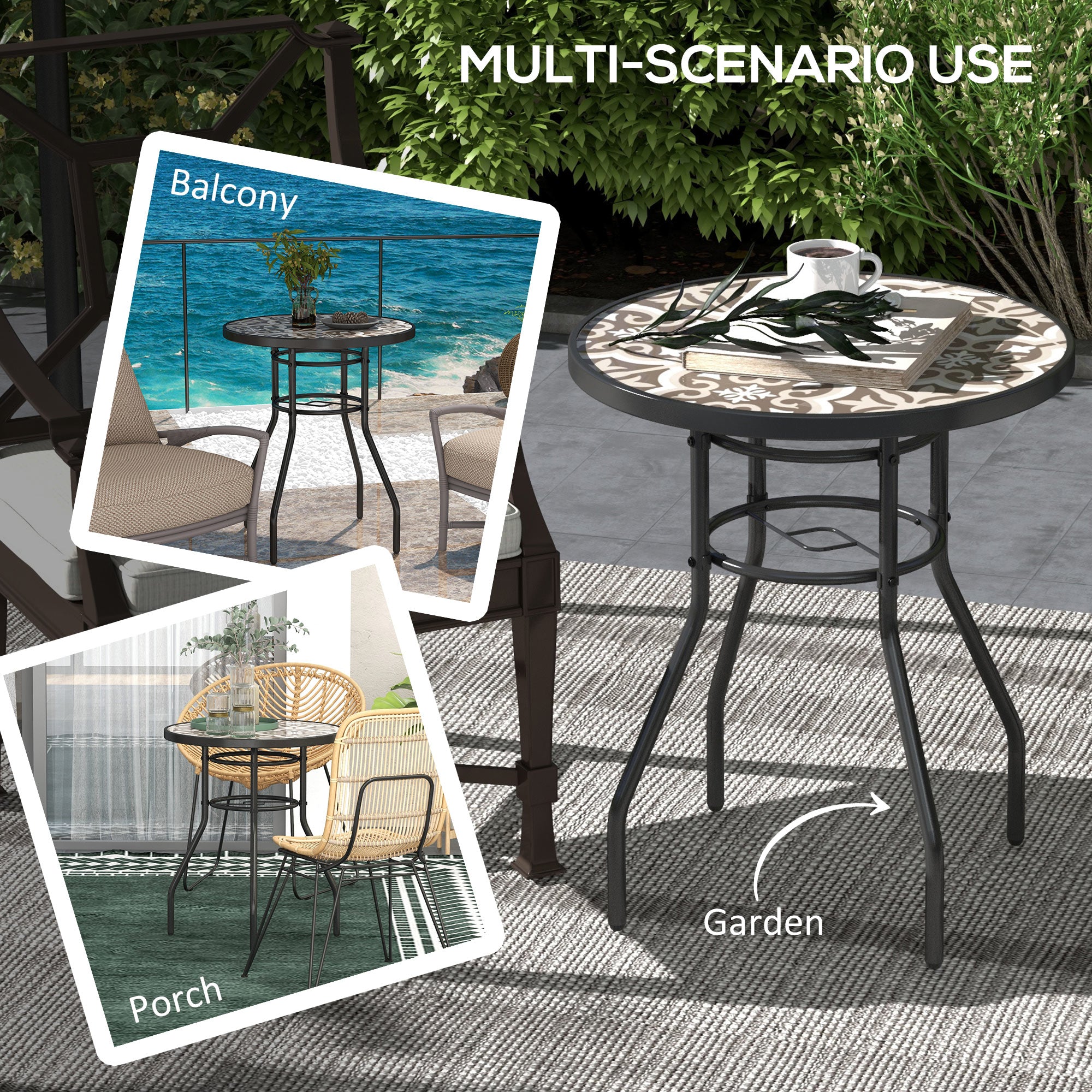 Outsunny 60 Garden Table, with Glass Printed Tabletop - Brown