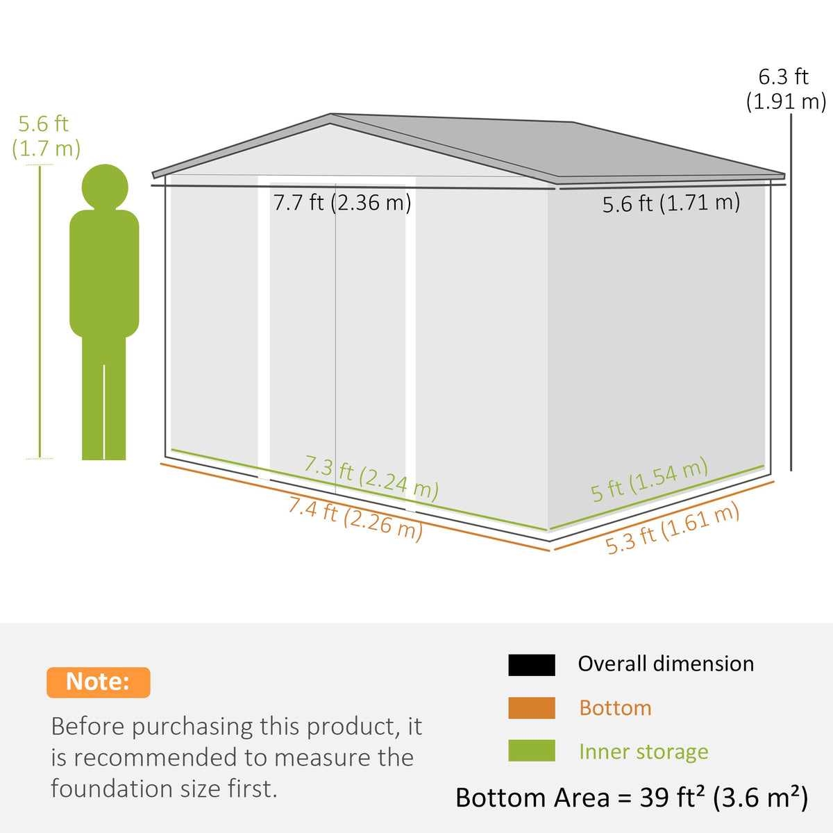 Outsunny 8 x 6ft Galvanised Steel Shed, with Double Door - Light Grey