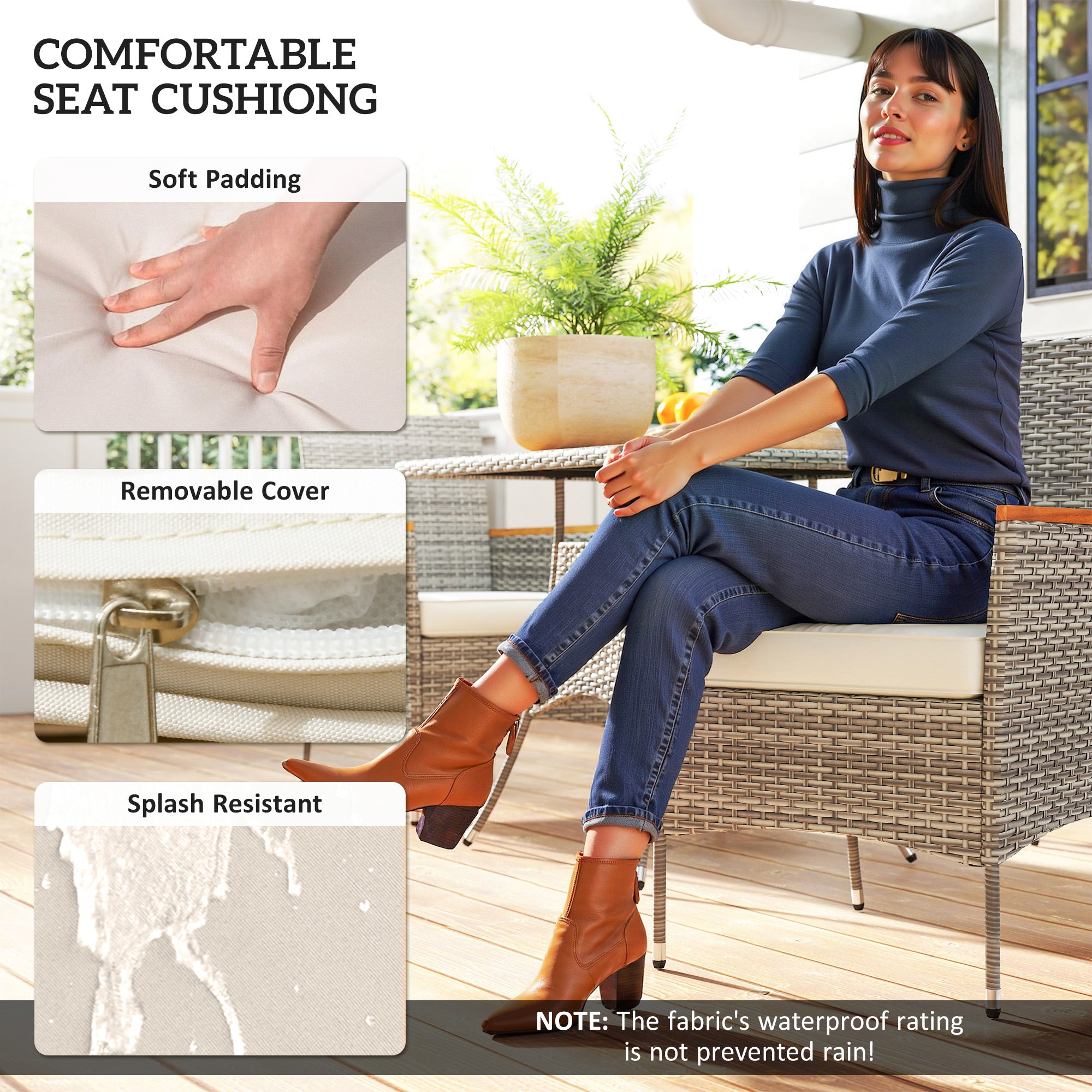 Outsunny Five-Piece Rattan Set, with Wood-Top Table - Teak