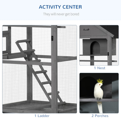 PawHut Bird Cage Mobile Wooden Aviary House with Wheel Perch Nest Ladder Tray