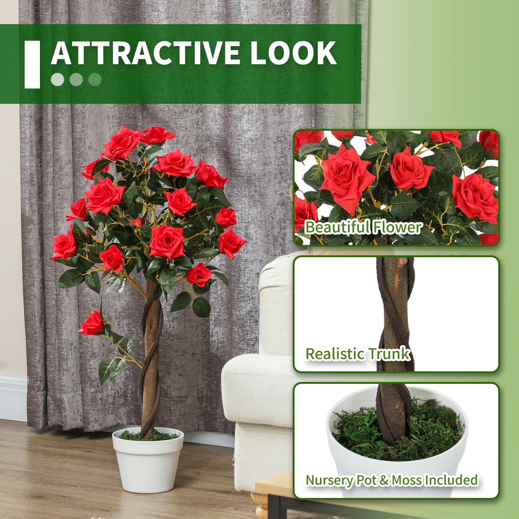 Outsunny Set of 2 Artificial Plants White Rose Floral in Pot, Fake Plants for Home Indoor Decor, 90cm, Red