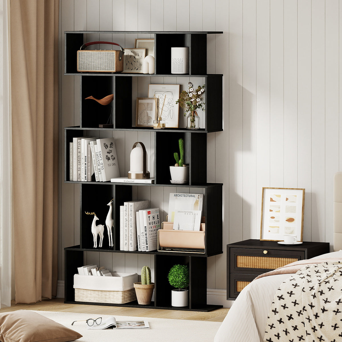 Geometric Bookshelf 5-Tier Bookcase with Open Shelves and Closed-back Cubes-Black