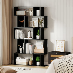 Geometric Bookshelf 5-Tier Bookcase with Open Shelves and Closed-back Cubes-Black