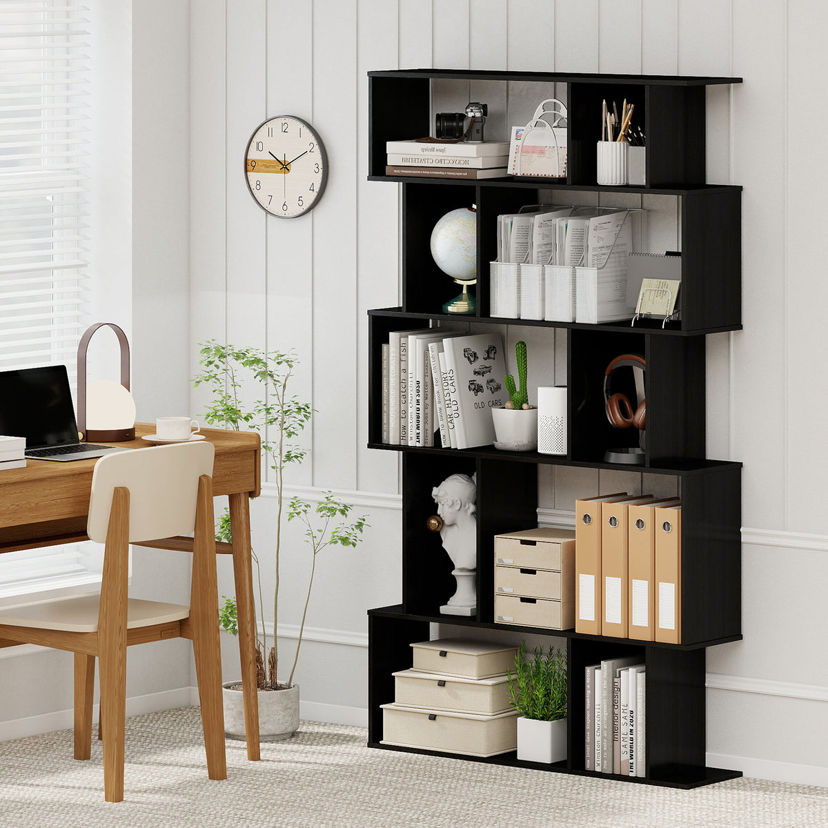 Geometric Bookshelf 5-Tier Bookcase with Open Shelves and Closed-back Cubes-Black