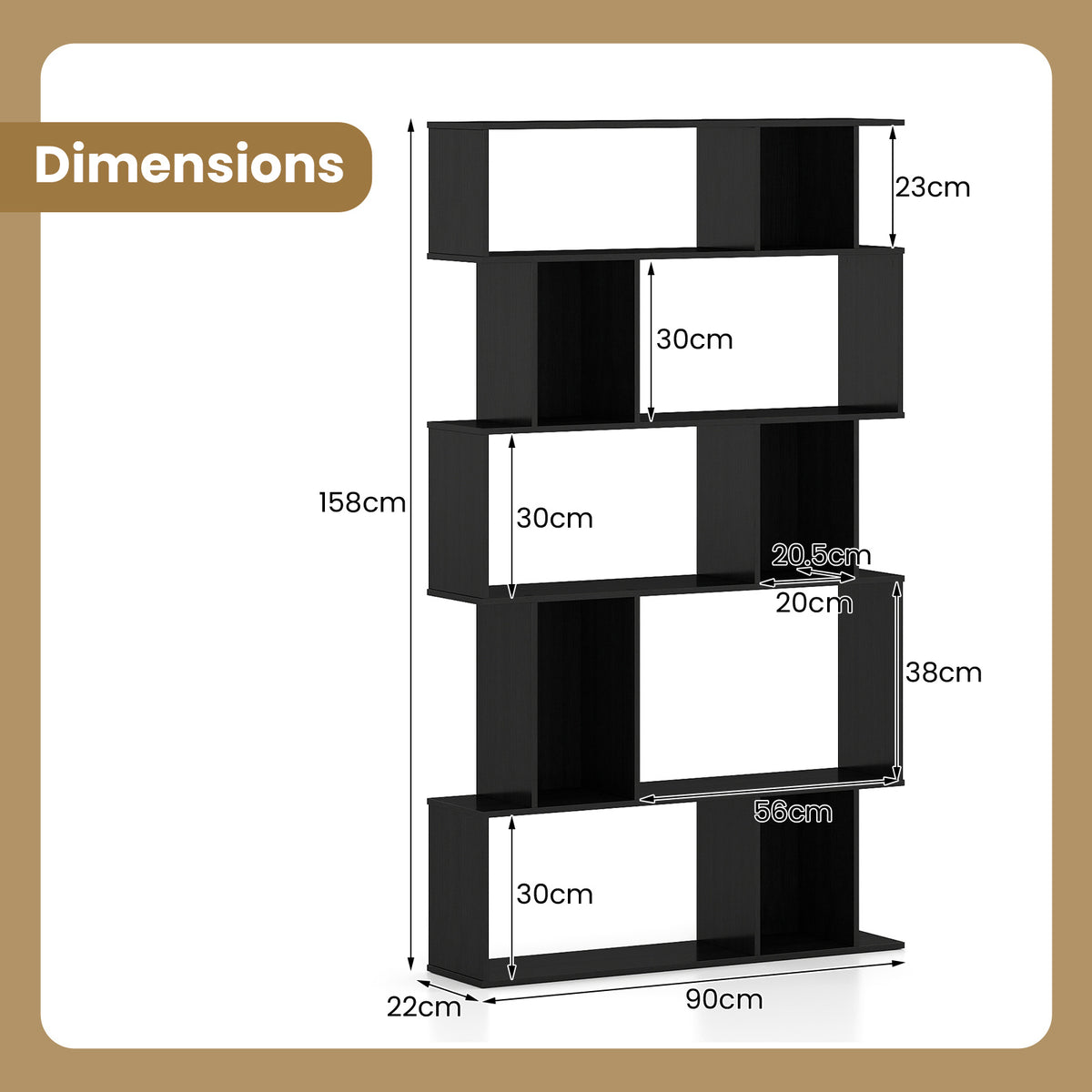 Geometric Bookshelf 5-Tier Bookcase with Open Shelves and Closed-back Cubes-Black