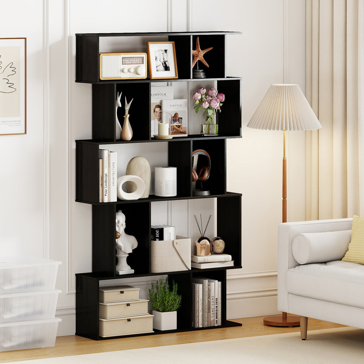 Geometric Bookshelf 5-Tier Bookcase with Open Shelves and Closed-back Cubes-Black