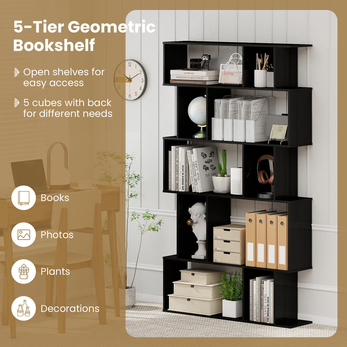 Geometric Bookshelf 5-Tier Bookcase with Open Shelves and Closed-back Cubes-Black