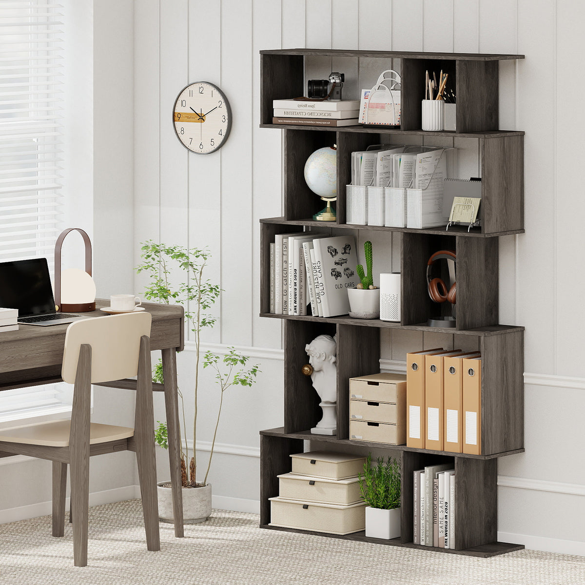 Geometric Bookshelf 5-Tier Bookcase with Open Shelves and Closed-back Cubes-Oak