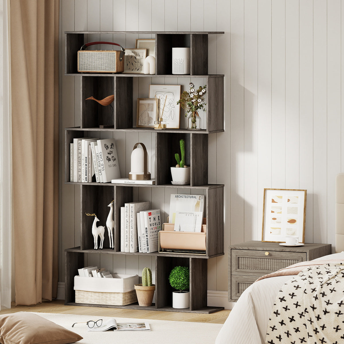 Geometric Bookshelf 5-Tier Bookcase with Open Shelves and Closed-back Cubes-Oak