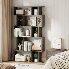 Geometric Bookshelf 5-Tier Bookcase with Open Shelves and Closed-back Cubes-Oak
